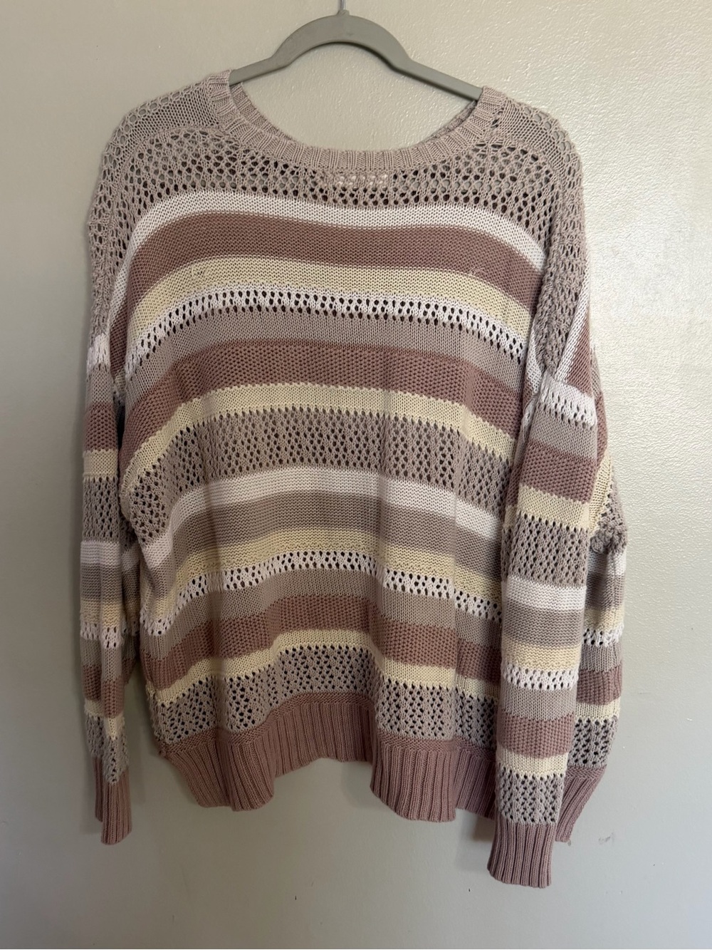 Striped Open-Knit Pullover Sweater in Dusty Pink and Cream